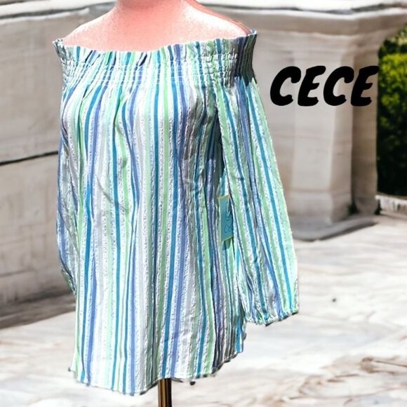 CECE NWT WOMENS OFF THE SHOULDER TOP BLOUSE AQUA DREAM PLAYA DEL SOL SMALL - Picture 2 of 9